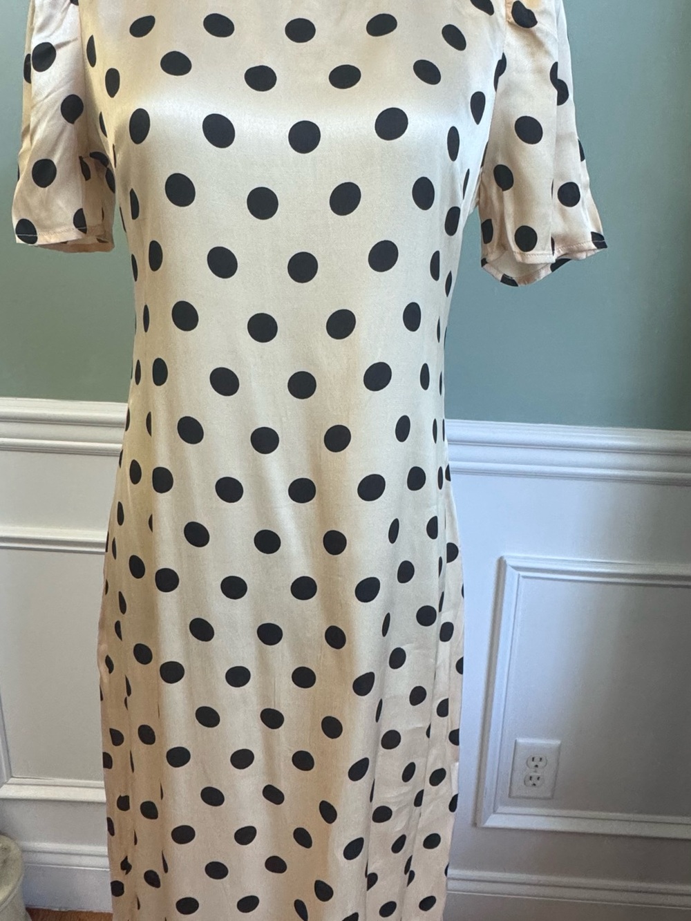 Dress Forum Cream Satin Midi Dress with Black Polka Dots